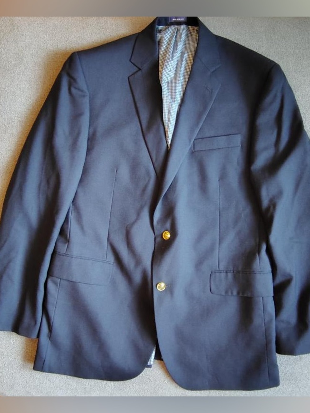 Stafford 100% Wool Executive Blazer Jacket Men 44L Blue Gingham Gold Buttons